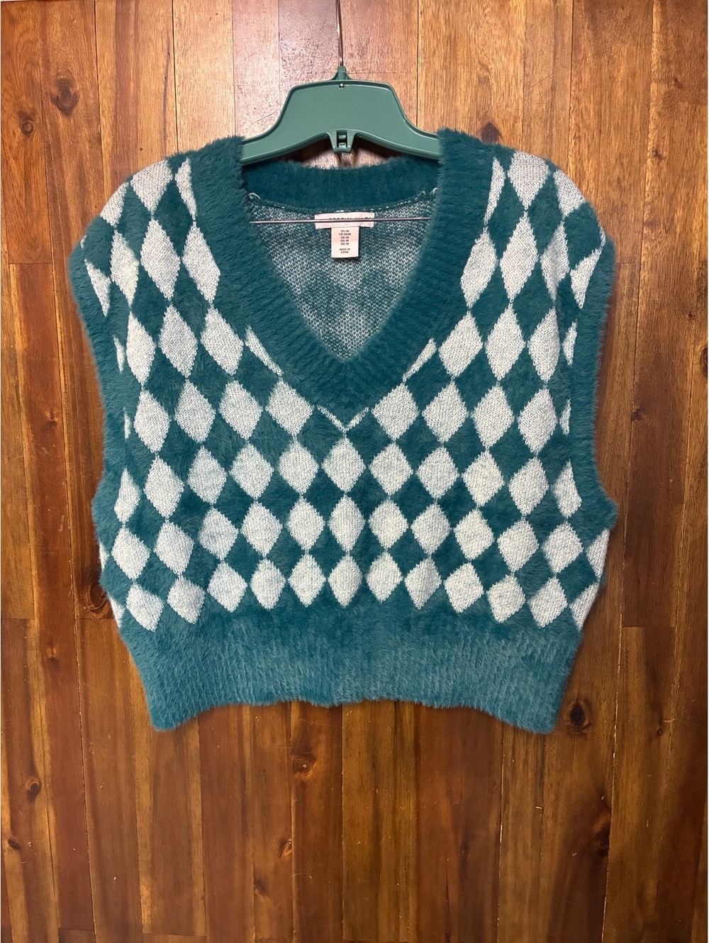 Sincerely Jules Women’s M Teal Argyle Fuzzy Sweater Vest Preppy Academia